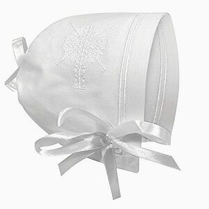 Stephan Baby Christening Bonnet Embroidered Cross & Satin Bows Straight Hem